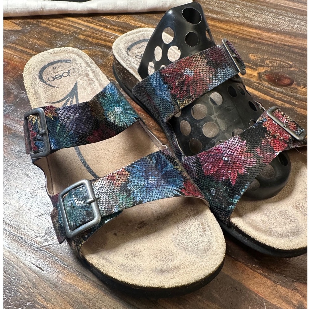 ABEO Blythe Multi Floral Snake Embossed Leather Orthotic Slide Sandals Womens 8N